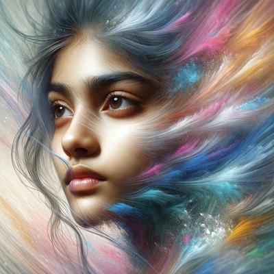 The primary subject of the image is a woman with long hair. She is the main focus of the image, and her features are prominently displayed. The setting is a colorful background, which adds to the overall visual style of the image. The colors and mood of the image are vibrant and lively, with a sense of artistic expression and creativity.